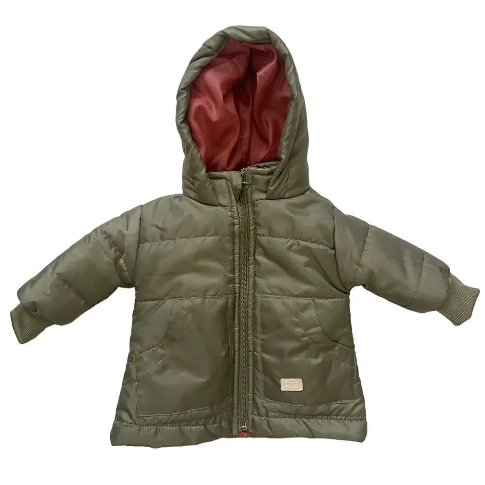 7 For All Mankind Olive Green Zip Up Hooded Puffer Jacket • Size 12M 🗣